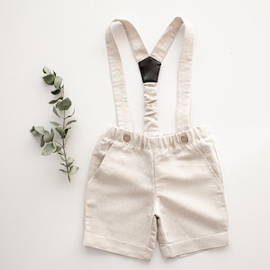 Ropa de bautizo para niño, traje de bautizo, pantalón de bautizo, traje de portador de anillos, traje de boda, traje de paje - pantalones cortos de lino natural con tirantes