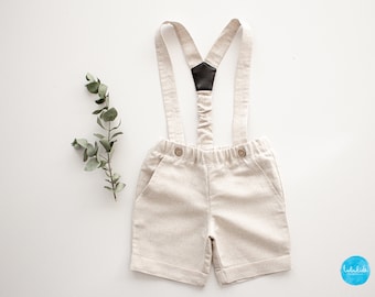 Traje de bautizo para niño, traje de portador de anillos, traje de boda, traje de florista, traje de paje, traje de niño - pantalones cortos de lino natural con tirantes