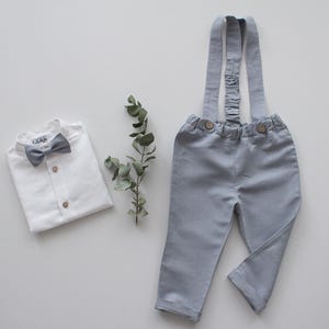 SALE - boys wedding outfit, ring bearer outfit, page boy outfit, wedding suit, dungarees, baptism suit - ice grey linen pants with straps