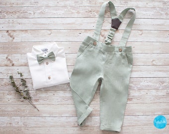 eucalyptus green boys wedding outfit, page boy, ring bearer outfit - 2 pcs toddler linen suit: pants with suspenders + bow tie