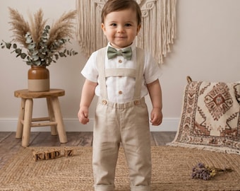 OFERTA - Talla 80 - Traje de bautizo para bebé niño, traje de boda, traje de portador de anillos, traje de paje, traje de niño de las flores - Pantalones beige con tirantes