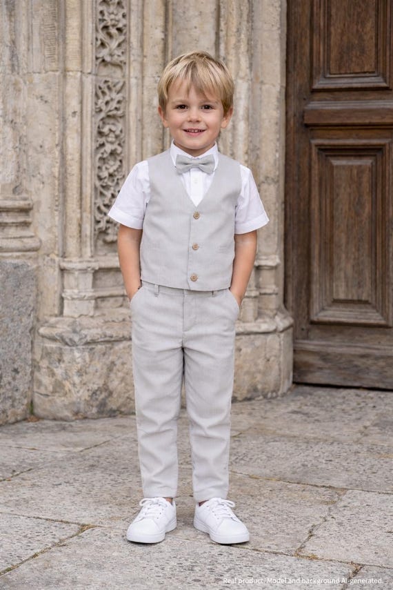 Boys Wedding Suit, Ring Bearer Outfit, Communion Suit, Baptism Outfit, Boys  Suit- 4pcs Light Grey Linen Suit: Pants + Shirt + Vest + Bow Tie - Etsy