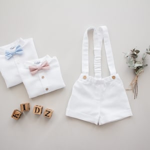 white boys baptism outfit, christening outfit, ring bearer suit - 2pcs boys linen outfit: shorts with suspenders + bow tie