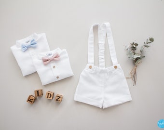 white boys baptism outfit, christening outfit, ring bearer suit - 2pcs boys linen outfit: shorts with suspenders + bow tie