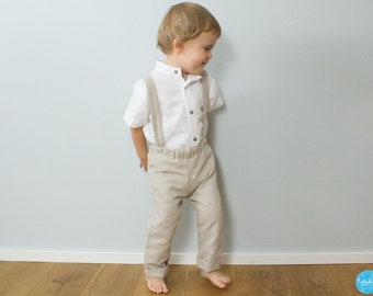 beige boys linen suspender pants - ring bearer outfit, toddler outfit, christening outfit, baby boy linen suit, baby boy baptism outfit