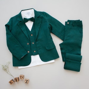 emerald green boys wedding suit, page boy outfit, toddler ring bearer wedding outfit  - 4pcs linen suit: blazer + pants + shirt + bow tie