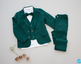 Traje de boda para niño, traje de portador de anillos para niño, traje de boda - Traje de lino verde de 4 piezas: pantalón + camisa + chaqueta + pajarita para niño