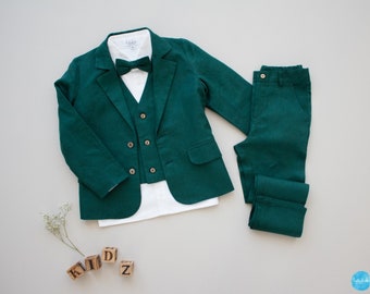 emerald green boys wedding suit, page boy outfit, toddler ring bearer wedding outfit  - 4pcs linen suit: blazer + pants + shirt + bow tie