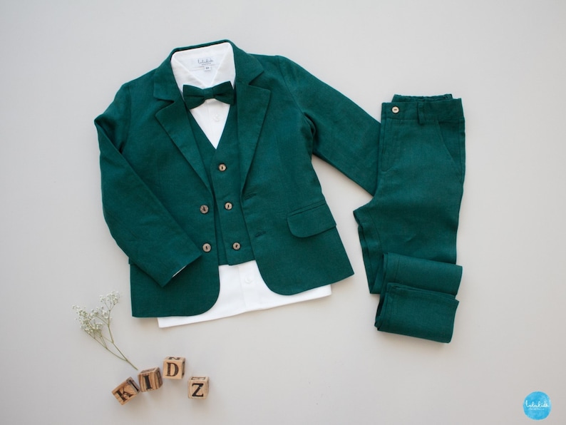 toddler linen suit, ring bearer outfit, page boy suit, toddler wedding outfit 4pcs boys linen suit: blazer pants shirt bow tie add vest