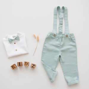 Uitverkoop - mintgroene jongens doopoutfit ringdragerpak dooppak tuinbroek trouwpak, jongenspak - linnen broek met bretels