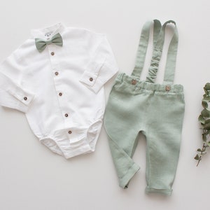 boys wedding pants, ring bearer suit, page boy outfit - 2pcs linen outfit: suspender pants + white shirt