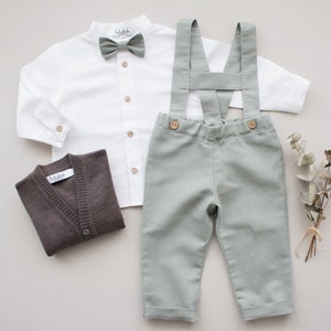 Traje de bautizo para niño color verde salvia, ropa de bautizo, traje de boda, traje de portador de anillos, traje de paje, peto - pantalón de lino con tirantes