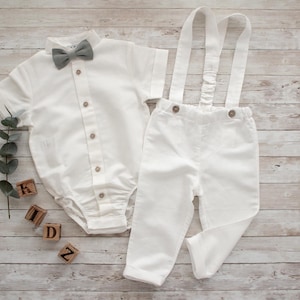 baby boy wedding outfit toddler ring bearer suit baptism outfit page boy suit, dungarees - 2pcs ivory linen suit: pants with straps + onesie
