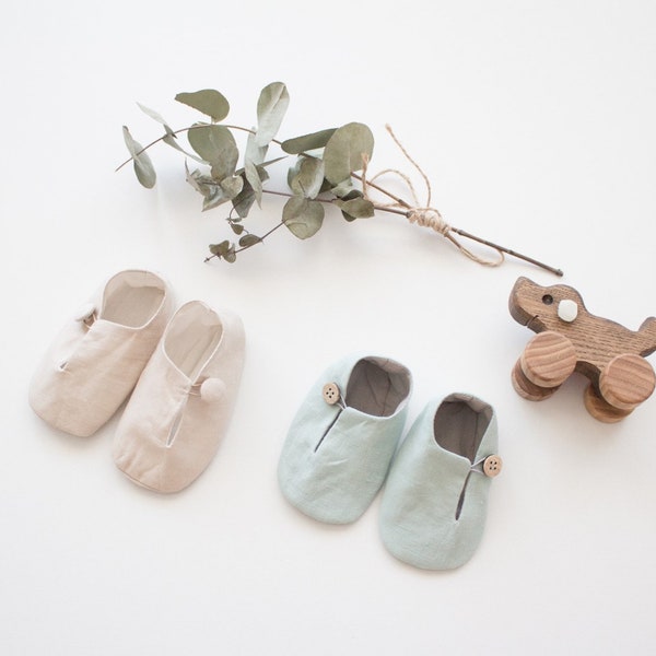 Baby boys christening shoes, linen shoes