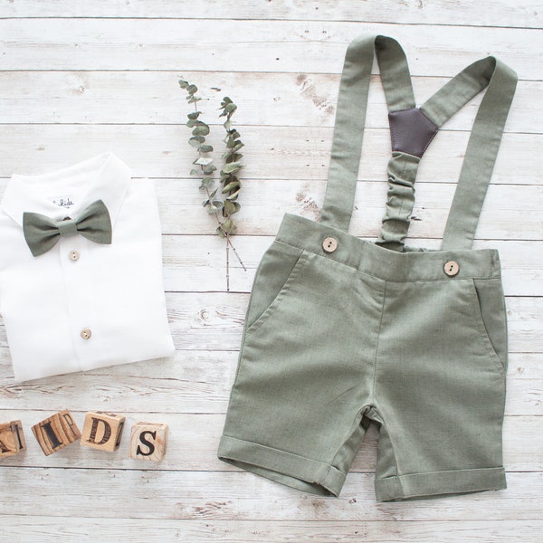 ring bearar suspender wedding outfit, page boy outfit, baptism outfit - 2 pcs toddler linen set: shorts with suspenders + bow tie