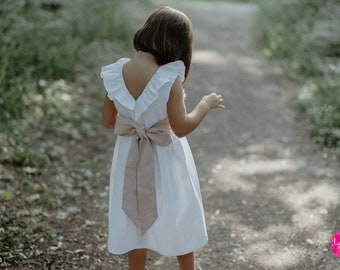 flower girl linen dress with sash bow, dress with belt for wedding, communin, formal occasion