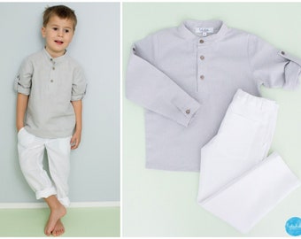 boys beach wedding outfit, linen pants with shirt, toddler linen wedding outfit set - pants with henley shirt