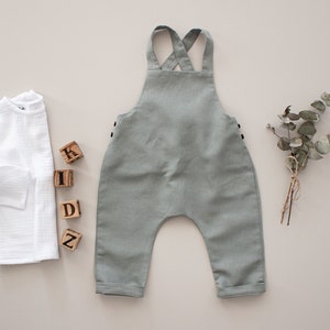Baby boy baptism pants, baptism outfit linen dungarees, players image 2