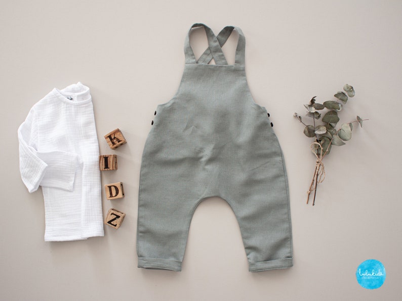 Baby boy baptism pants, baptism outfit linen dungarees, players image 2