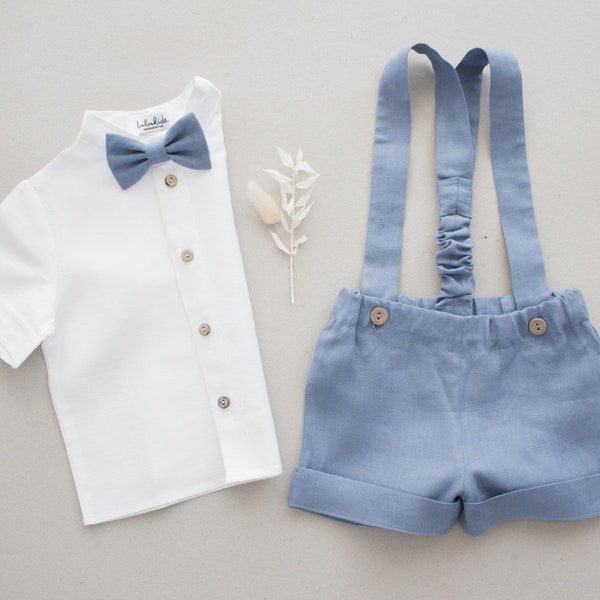 baby boy wedding outfit, toddler linen shorts, christening outfit - 2pcs. blue linen suit: shorts with suspenders + white shirt