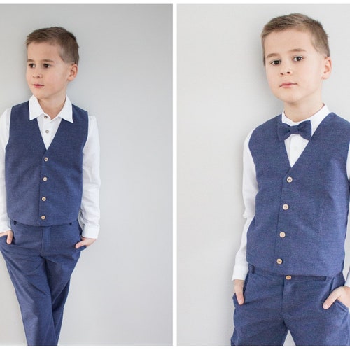 Boy Vest Toddler Waistcoat Blue Organic Cotton Vest Etsy