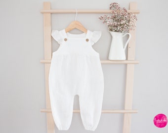 Bébé fille blanc volants baptême barboteuse tenue de baptême salopette salopette joueur combinaison barboteuse en mousseline (coton biologique)