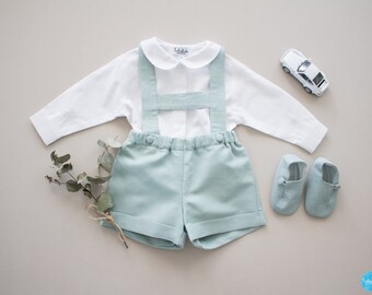 2pcs boys outfit: linen suspender shorts + white bodysuit with collar