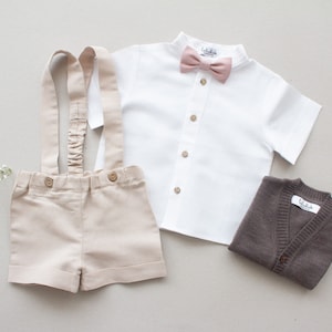 4pcs boys linen outfit set with shorts, shirt, bow tie, cardigan - ring bearer suit set, page boy outfit, baby boy wedding wear