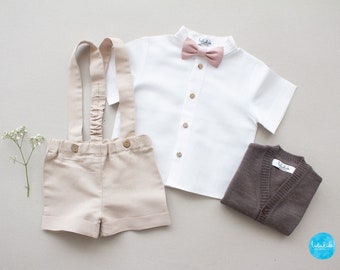 Conjunto de bautizo niño, traje porta anillos - Conjunto de lino 4 piezas: pantalón corto con tirantes + camisa + pajarita + cárdigan 100% lana (Merino)