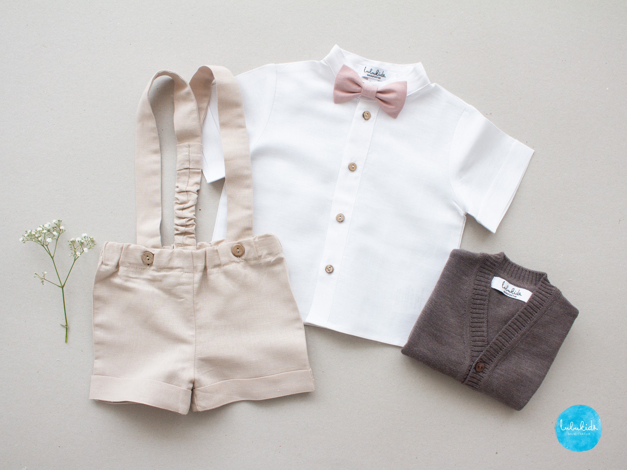 lubukidz 4pcs Boys Linen Outfit Set with Shorts, Shirt, Bow Tie, Cardigan - Ring Bearer Suit Set, Page Boy Outfit, Baby Boy Wedding Wear, image size:2048x1536
