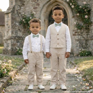 Traje de bautizo para niño, traje de bautizo, traje de portador de anillos, traje de novio, traje de niño - Conjunto de lino de dos piezas, beige: pantalón con tirantes + chaleco