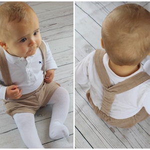 Traje de bautismo de niño, ropa de bautismo, traje de boda, traje de paje, pantalones cortos - pantalones cortos beige con tirantes de pana (algodón)