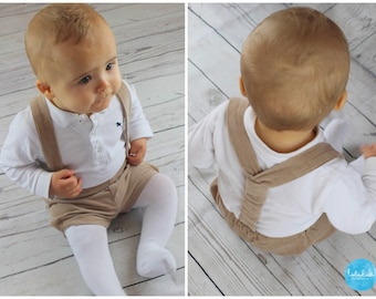 Traje de bautismo de niño, ropa de bautismo, traje de boda, traje de paje, pantalones cortos - pantalones cortos beige con tirantes de pana (algodón)