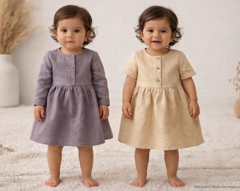 SALE -Gr. 80- Babykleid, lila langarm Mädchenkleid, kurzarm Sommerkleid, Leinenkleid gelb - Baby Mädchen Taufkleid, Taufoutfit, Sommeroutfit