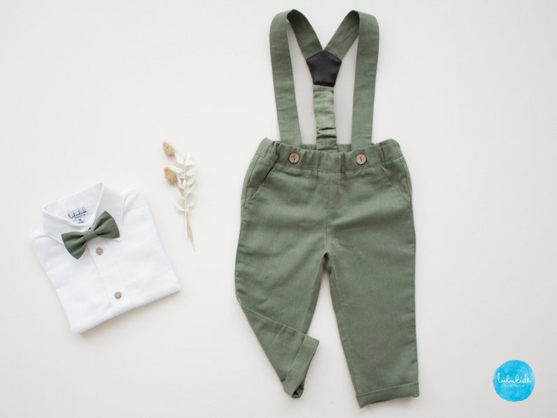smoke green boys wedding outfit, page boy outfit, ring bearer outfit 2 pcs toddler linen suit: pants with suspenders bow tie image 1