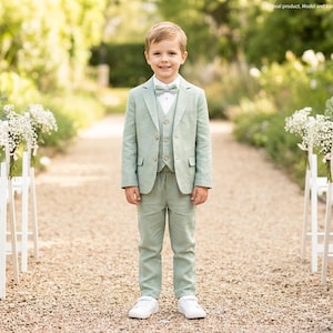 Boy's ring bearer outfit, boy's suit, wedding suit, communion suit - 4pce linen outfit in eucalyptus green: pants + shirt + vest + bow tie