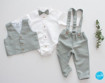 sage green ring bearer outfit, toddler boy outfit, page boy suit, baptism boys pants with vest  - 2pcs linen outfit: suspender pants + vest