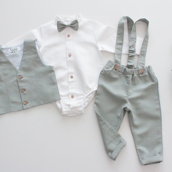 sage green ring bearer outfit, toddler boy outfit, page boy suit, baptism boys pants with vest  - 2pcs linen outfit: suspender pants + vest