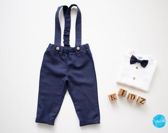 navy blue boys wedding pants, page boy pants, baby boy linen carrier pants, boys wedding suspender outfit- ready-to-ship