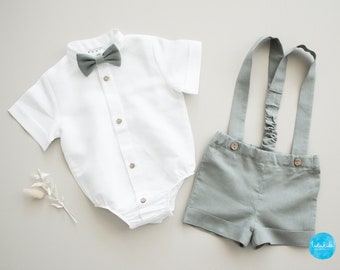 sage green boy outfit, baby baptism outfit, ring bearer suit - 2pcs toddler linen outfit: shorts with suspenders + bow tie - ready-to-ship