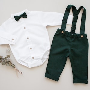 Vêtements de baptême Tenue de baptême garçon Costume de baptême bébé Costume porteur d'anneau Salopette Page Boy Outfit Costume enfant pantalon en lin beige avec bretelles pt+bodysuit+bow tie