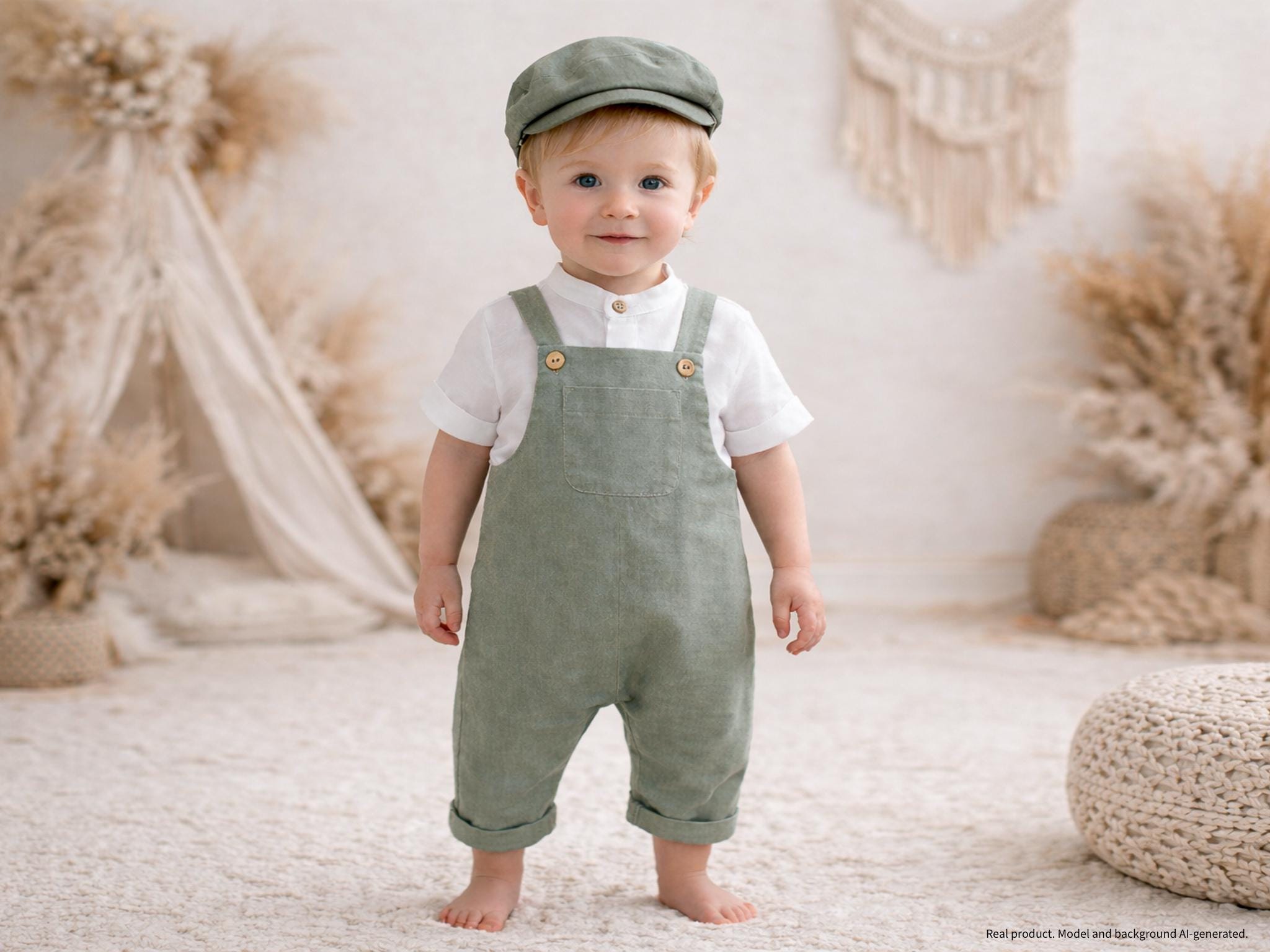 Sage green baby boy linen dungarees with pocket - christening outfit, christening suit, overall, romper, jumpsuit, birthday outfit, wedding outfit