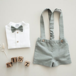 sage green boy outfit, baby baptism outfit, ring bearer suit - 2pcs toddler linen outfit: shorts with suspenders + bow tie - ready-to-ship