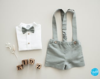 sage green boy outfit, baby baptism outfit, ring bearer suit - 2pcs toddler linen outfit: shorts with suspenders + bow tie - ready-to-ship