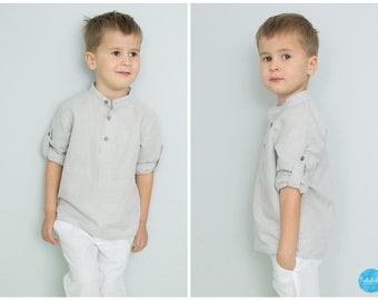 boys linen shirt, toddler henley shirt, roll up shirt, white toddler shirt - boy beach wedding outfit, ring bearer shirt, baptism outfit