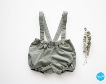smoke green baby boys short pants, dungarees, corduroy pants, shorts with suspenders, bloomers baptism outfit, ring bearer outfit, birthday outfit