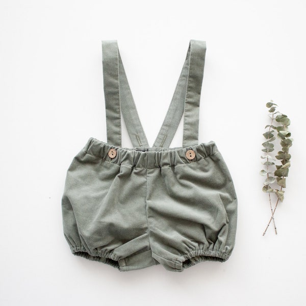 smoke green baby boys short pants, dungarees, corduroy pants, shorts with suspenders, bloomers baptism outfit, ring bearer outfit, birthday outfit