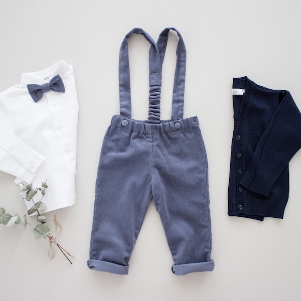 Boy baptism outfit, page boy outfit, wedding suit -4pcs blue corduroy set: pants with straps + linen shirt + bow tie + cardigan of 100% wool