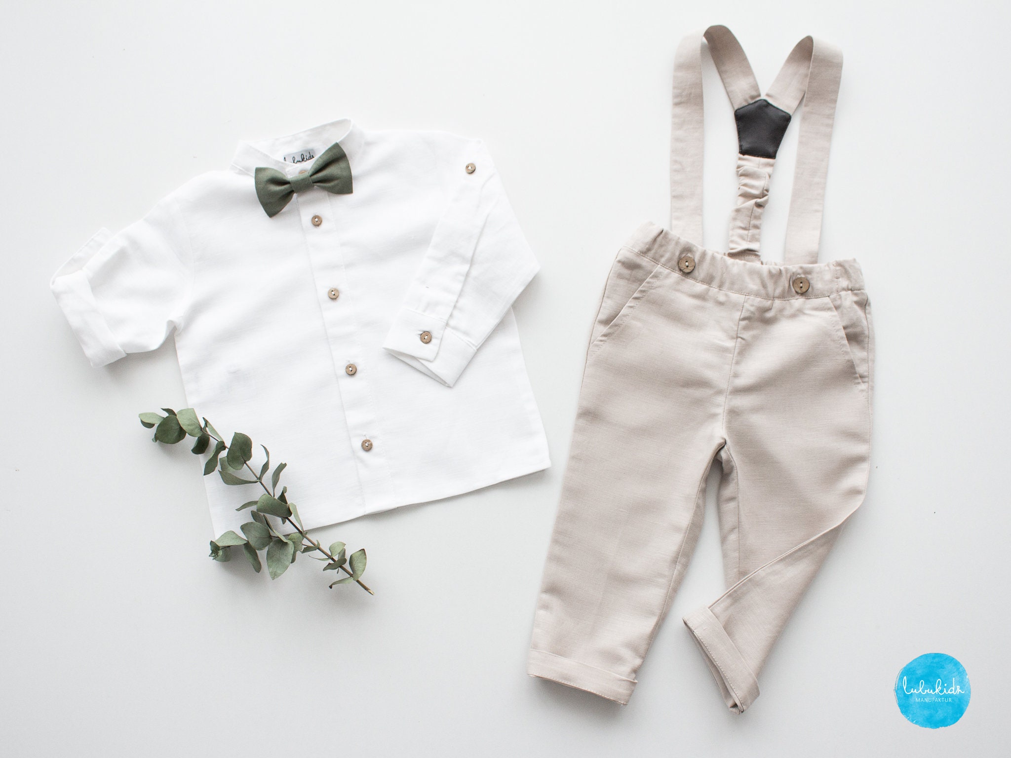 Baby Boy Baptism Outfit, Page Suit, Ring Bearer Wedding Suit - 2Pcs Linen Outfit Light Grey Pants With Straps + White Shirt