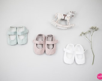 Baby girl christening shoes, linen christening outfit, ballerina flats